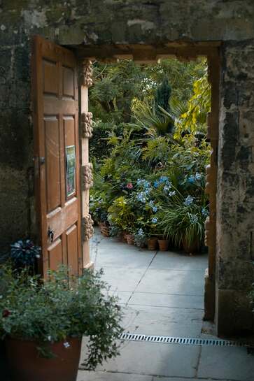 Open door into a leafy garden, illustrating the benefits of sabbath time to health and wellbeing.