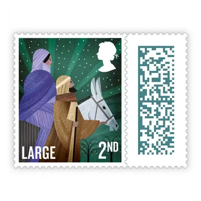Royal Mail stamp showing Mary & Joseph travelling.