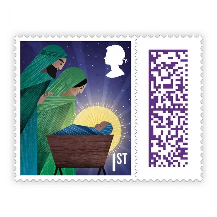 Royal mail Stamp showing Mary & Joseph with Jesus in the manger.