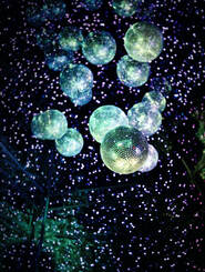 Glitterballs and fairy lights on a dark background.