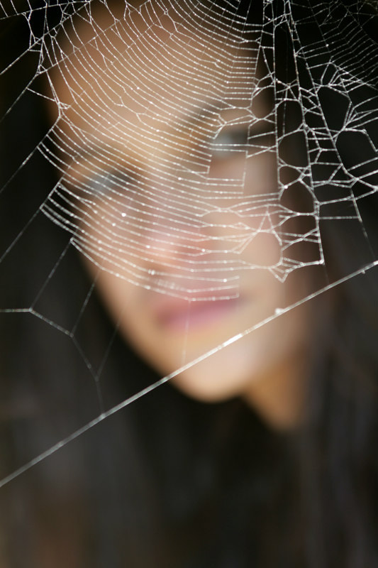 Girl looking intently through a spider's web.