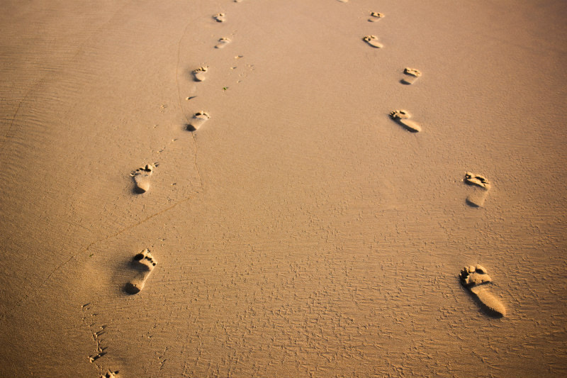 Two sets of footprints in the sand.