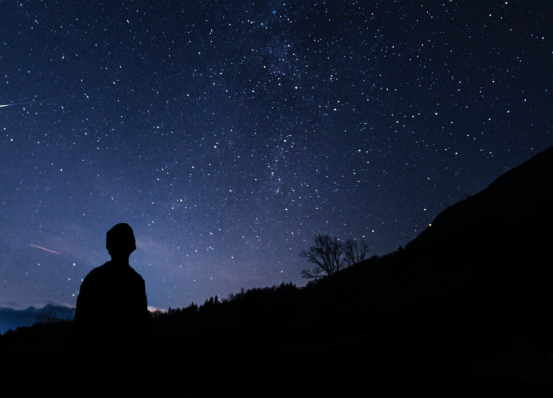 Silhouette of man gazing at a starlit sky