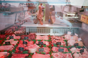 Fresh meat counter.