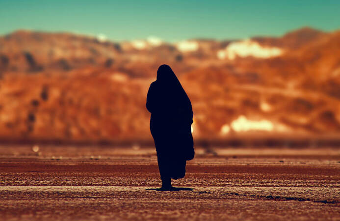 Back view of woman in eastern dress looking towards an arid scene.